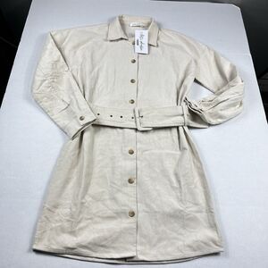 12th Tribe Womens Corduroy Shirt Dress Ivory Long Sleeve Belted Casual SMALL